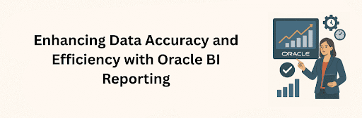 Illustration of a woman presenting an Oracle BI dashboard with charts, clocks, and gear icons, symbolizing enhanced data accuracy, automation, and reporting efficiency through Oracle’s business intelligence solutions.